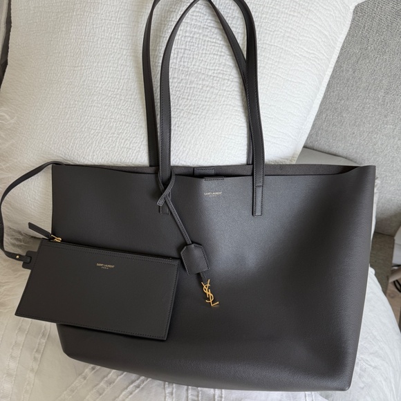 SAINT LAURENT EAST WEST LEATHER SHOPPER TOTE, GREY - Picture 1 of 14